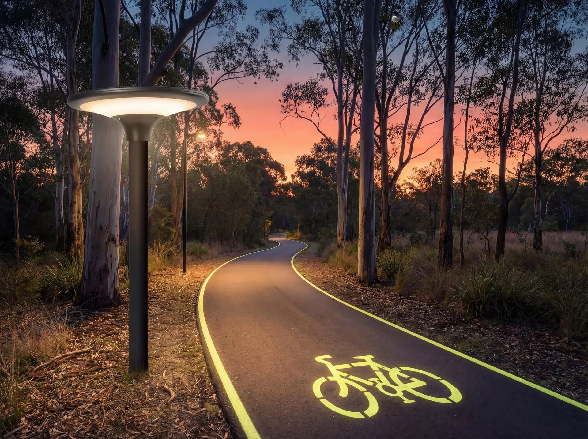 Night scene showing LuminoKrom bike path, solar road markers, and SO-AREA park lighting