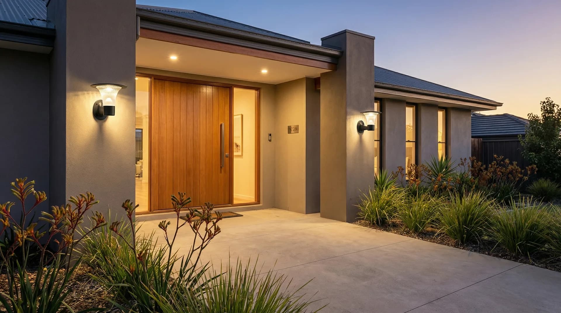 Solar wall light installed above a home entrance providing security illumination